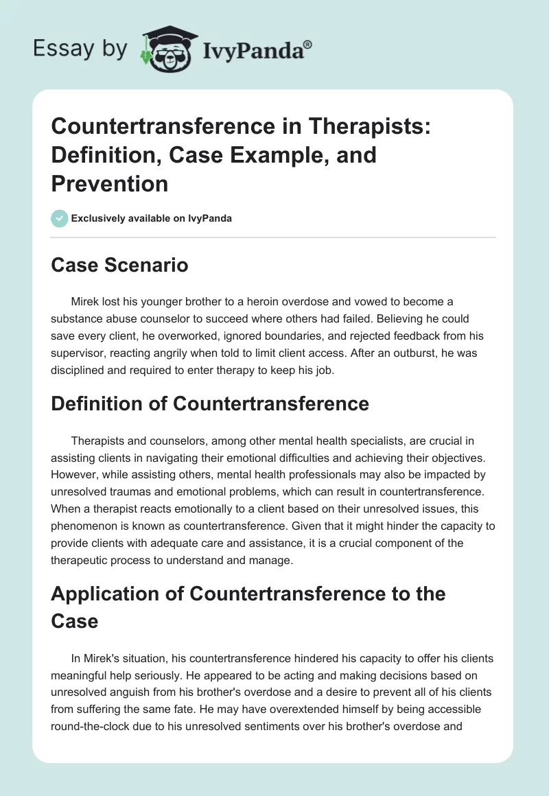 Countertransference in Therapists: Definition, Case Example, and Prevention. Page 1