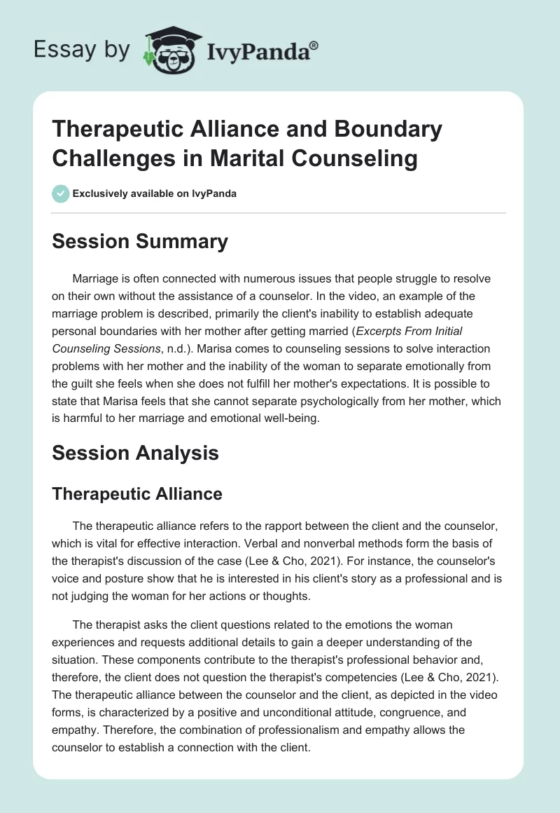 Therapeutic Alliance and Boundary Challenges in Marital Counseling. Page 1