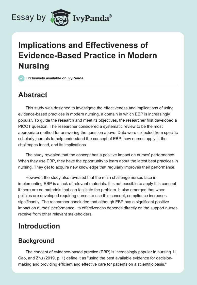 Implications and Effectiveness of Evidence-Based Practice in Modern Nursing. Page 1