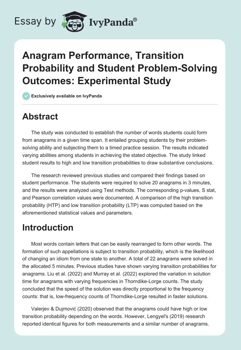 Anagram Performance, Transition Probability and Student Problem-Solving Outcomes: Experimental Study. Page 1