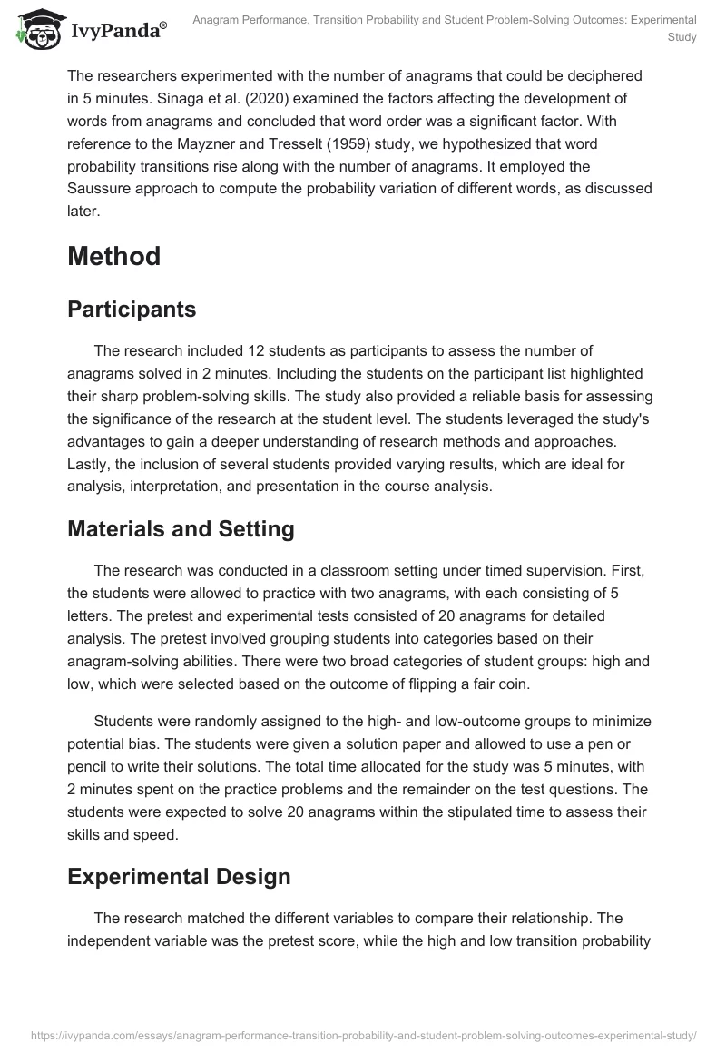 Anagram Performance, Transition Probability and Student Problem-Solving Outcomes: Experimental Study. Page 2