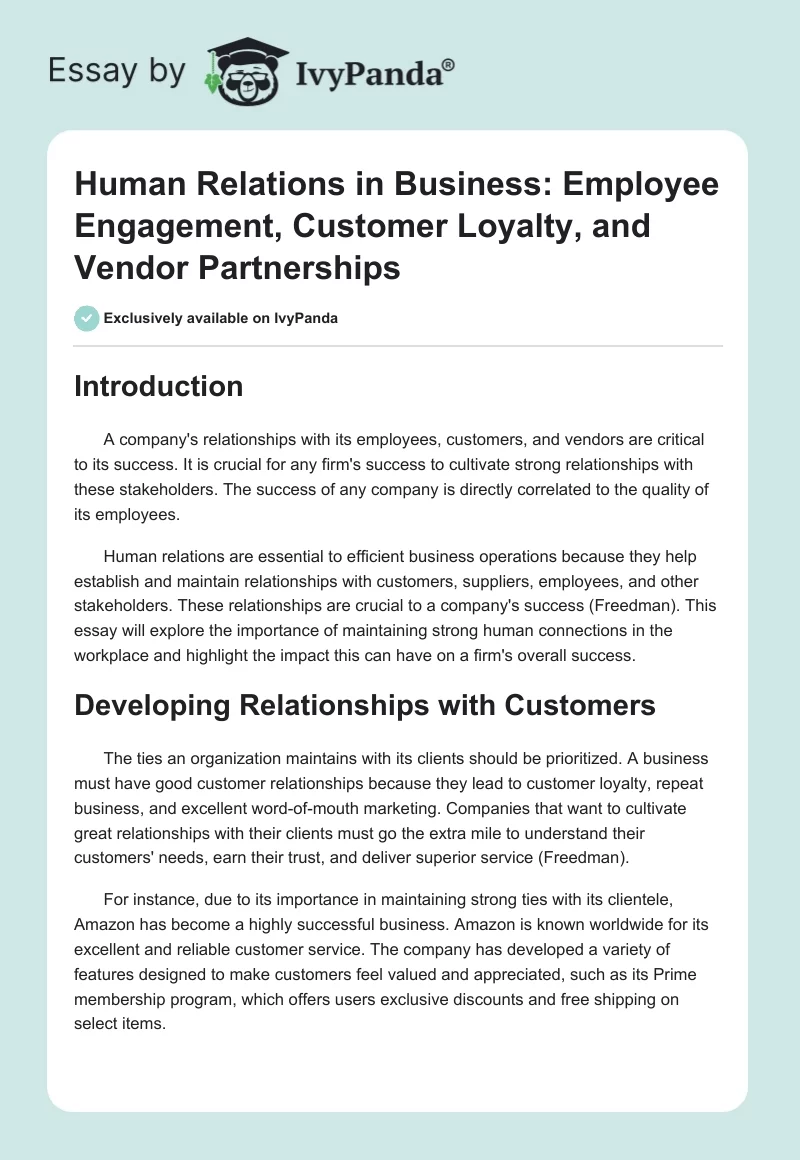 Human Relations in Business: Employee Engagement, Customer Loyalty, and Vendor Partnerships. Page 1