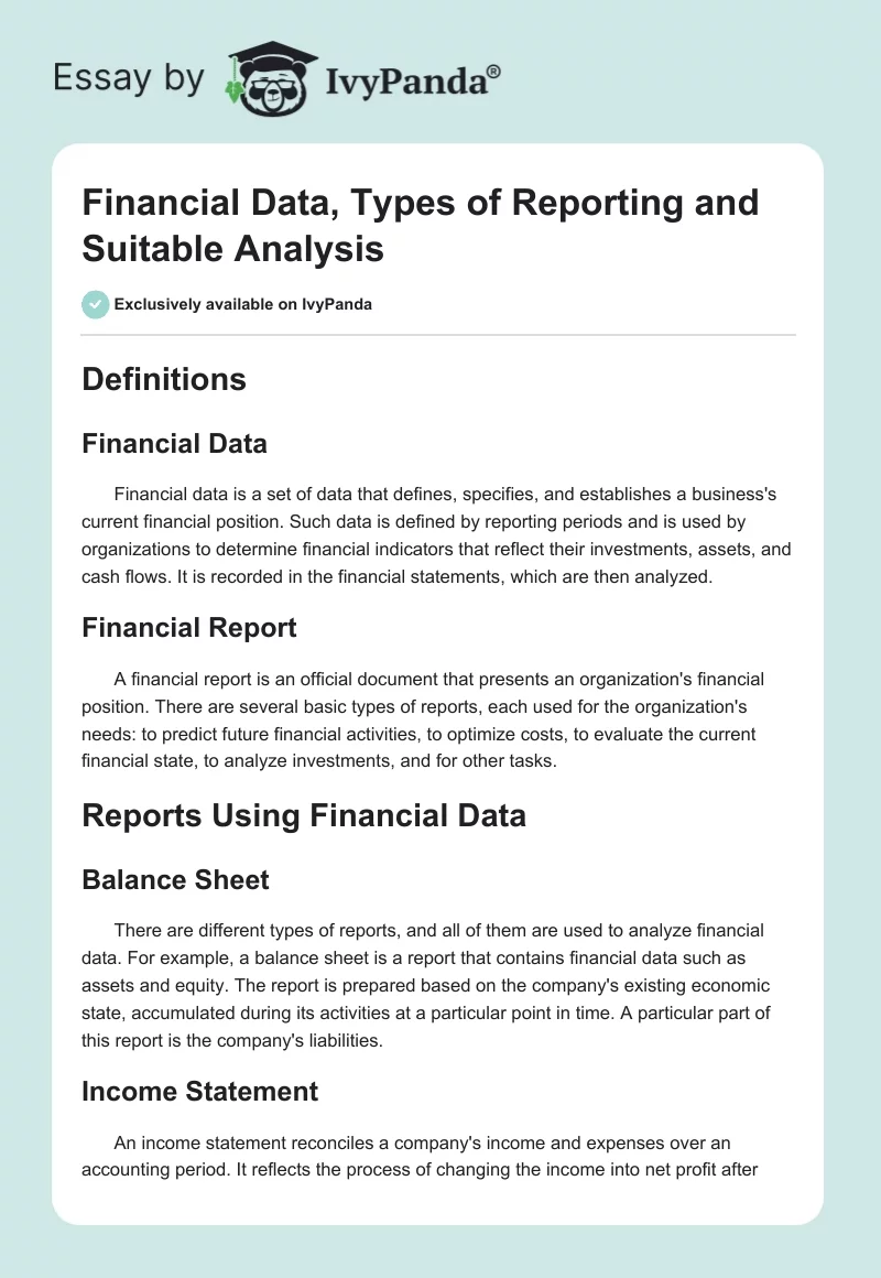 Financial Data, Types of Reporting and Suitable Analysis. Page 1