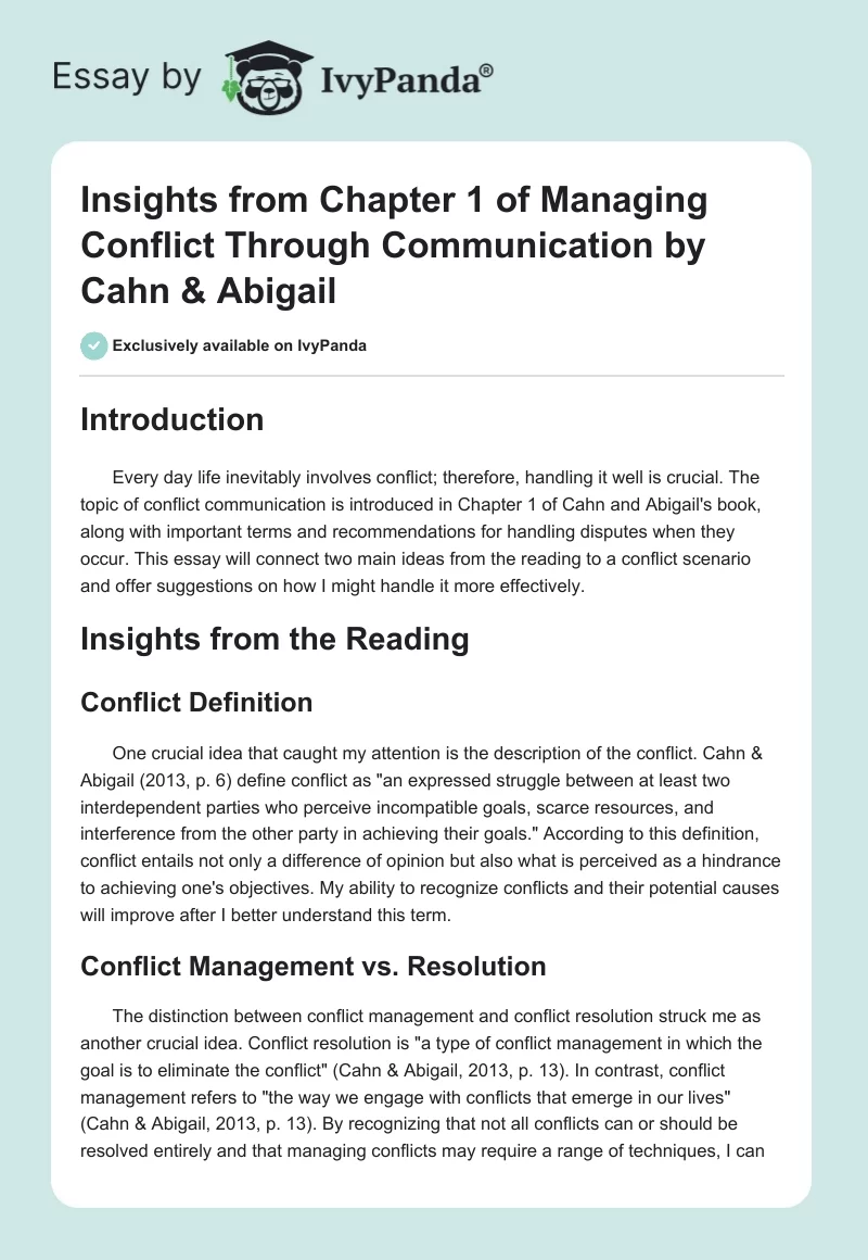 Insights from Chapter 1 of Managing Conflict Through Communication by Cahn & Abigail. Page 1