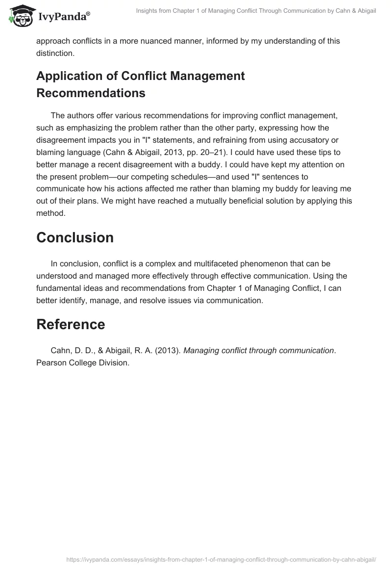 Insights from Chapter 1 of Managing Conflict Through Communication by Cahn & Abigail. Page 2