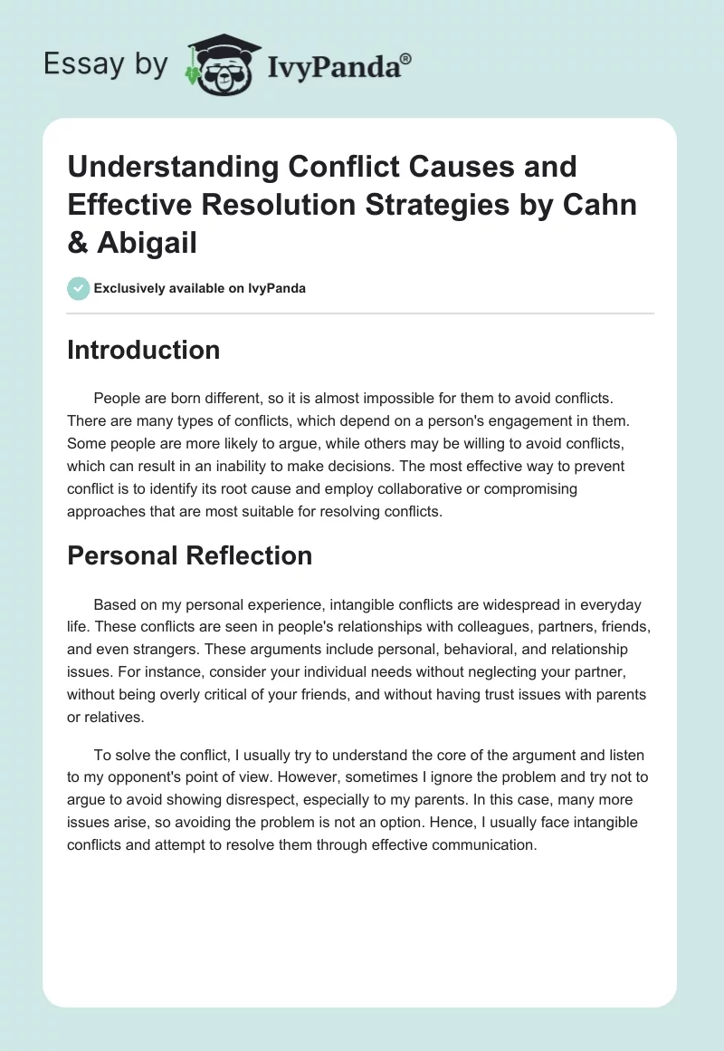 Understanding Conflict Causes and Effective Resolution Strategies by Cahn & Abigail. Page 1