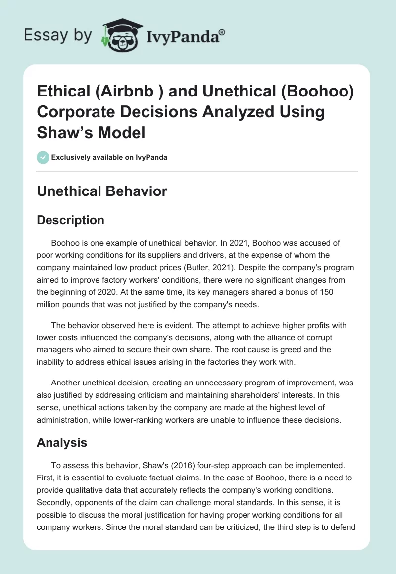 Ethical (Airbnb ) and Unethical (Boohoo) Corporate Decisions Analyzed Using Shaw’s Model. Page 1