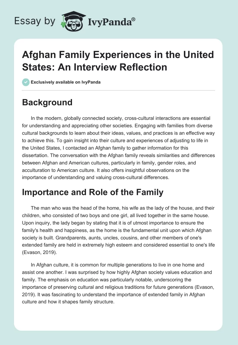 Afghan Family Experiences in the United States: An Interview Reflection. Page 1