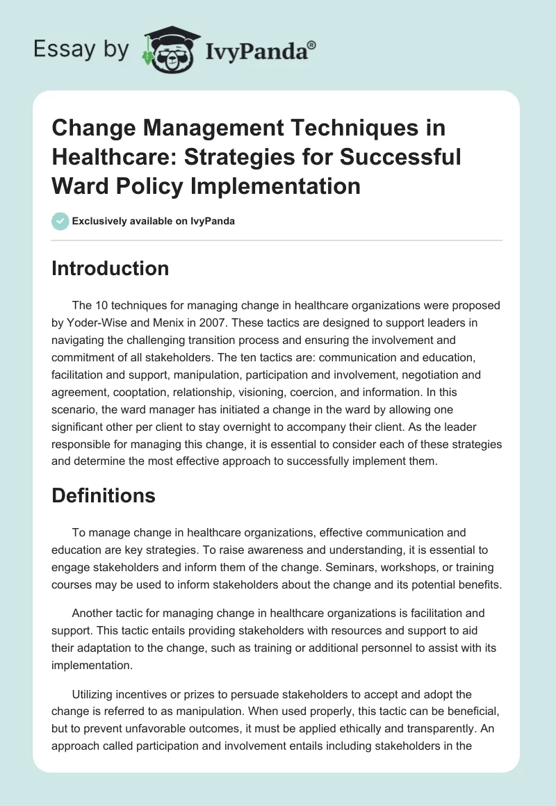 Change Management Techniques in Healthcare: Strategies for Successful Ward Policy Implementation. Page 1
