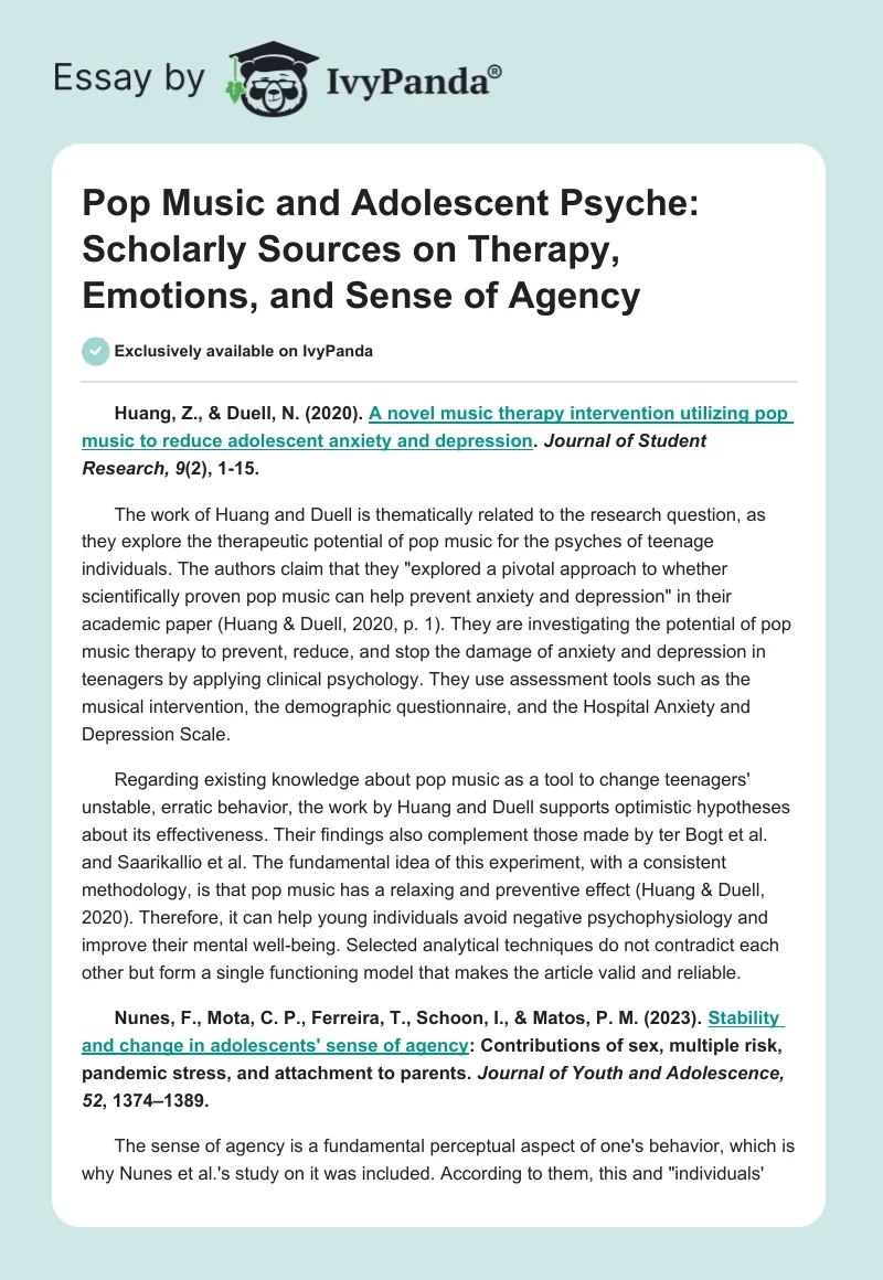 Pop Music and Adolescent Psyche: Scholarly Sources on Therapy, Emotions, and Sense of Agency. Page 1