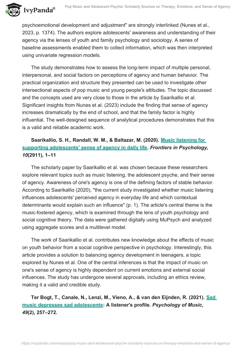 Pop Music and Adolescent Psyche: Scholarly Sources on Therapy, Emotions, and Sense of Agency. Page 2