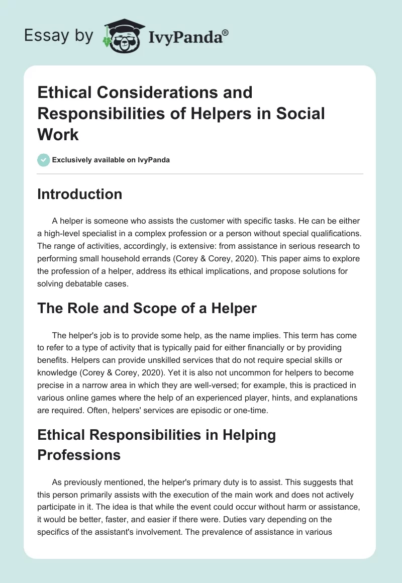 Ethical Considerations and Responsibilities of Helpers in Social Work. Page 1