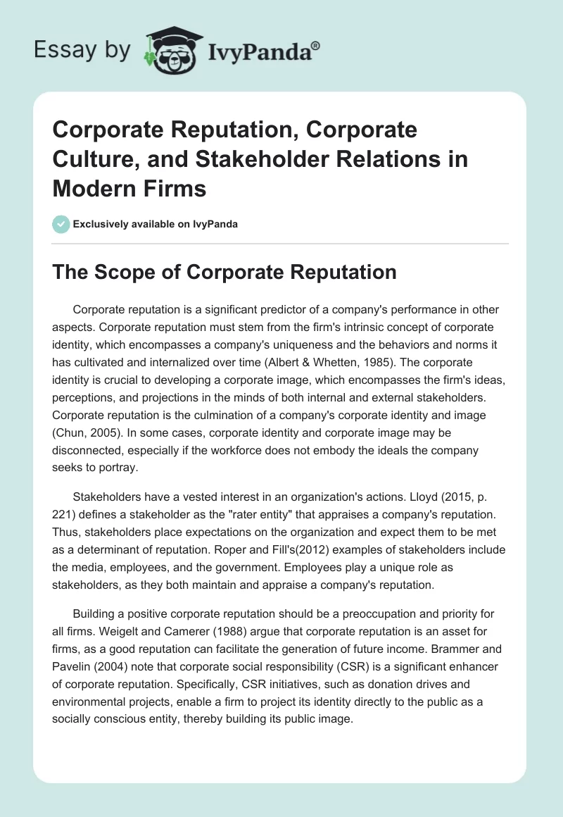 Corporate Reputation, Corporate Culture, and Stakeholder Relations in Modern Firms. Page 1