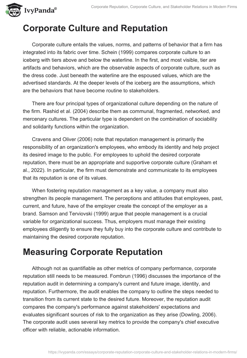 Corporate Reputation, Corporate Culture, and Stakeholder Relations in Modern Firms. Page 2