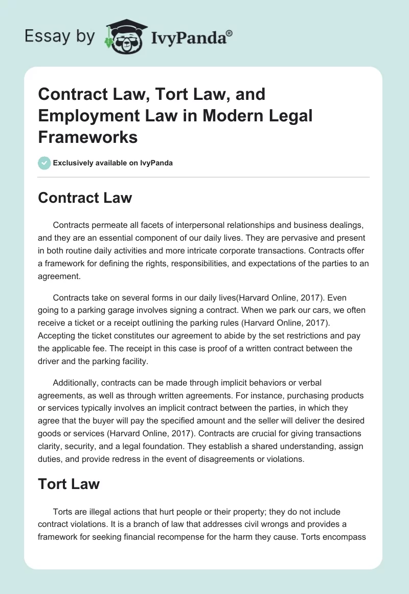 Contract Law, Tort Law, and Employment Law in Modern Legal Frameworks. Page 1