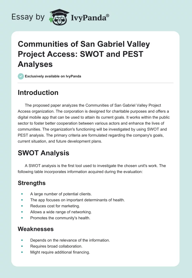 Communities of San Gabriel Valley Project Access: SWOT and PEST Analyses. Page 1