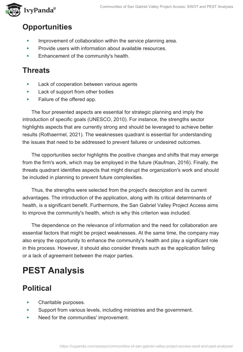 Communities of San Gabriel Valley Project Access: SWOT and PEST Analyses. Page 2