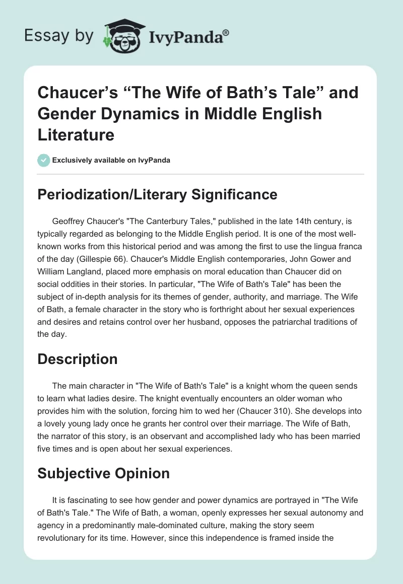 Chaucer’s “The Wife of Bath’s Tale” and Gender Dynamics in Middle English Literature. Page 1