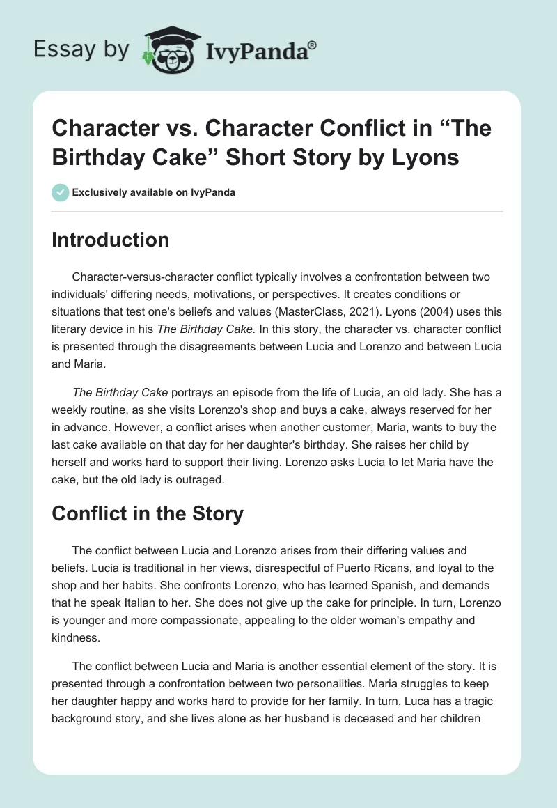 Character vs. Character Conflict in “The Birthday Cake” Short Story by Lyons. Page 1