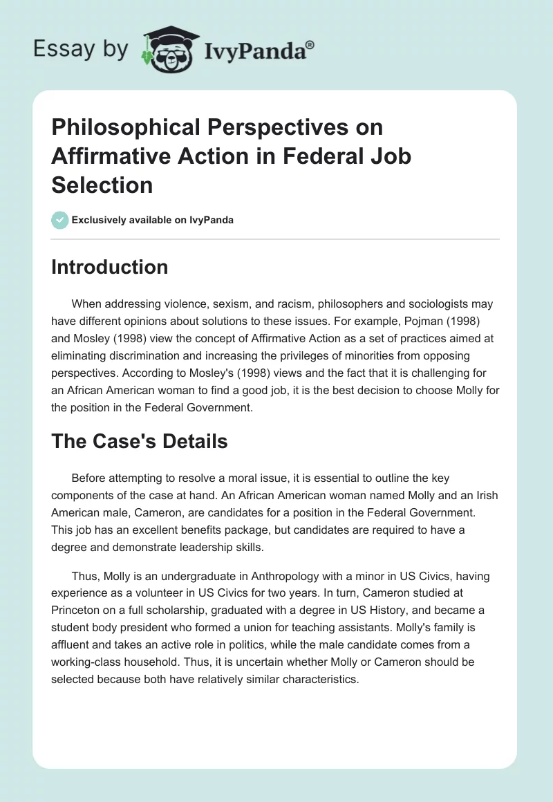 Philosophical Perspectives on Affirmative Action in Federal Job Selection. Page 1