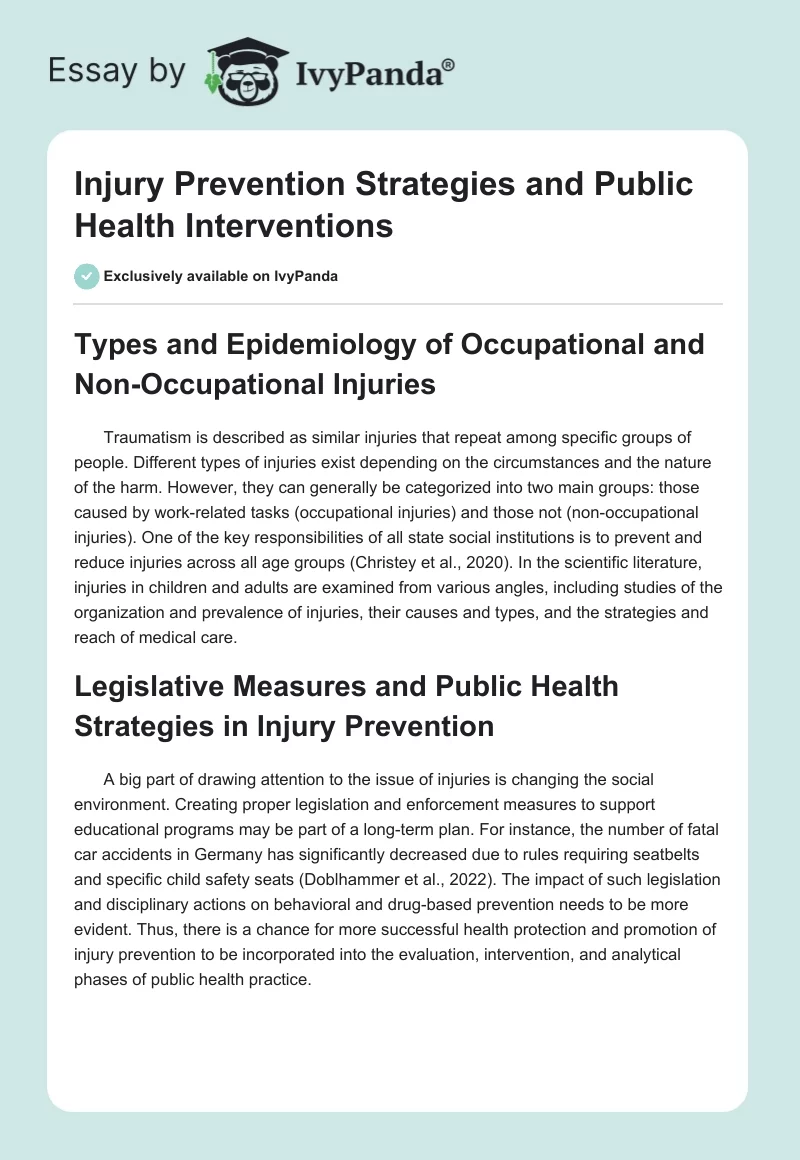 Injury Prevention Strategies and Public Health Interventions. Page 1