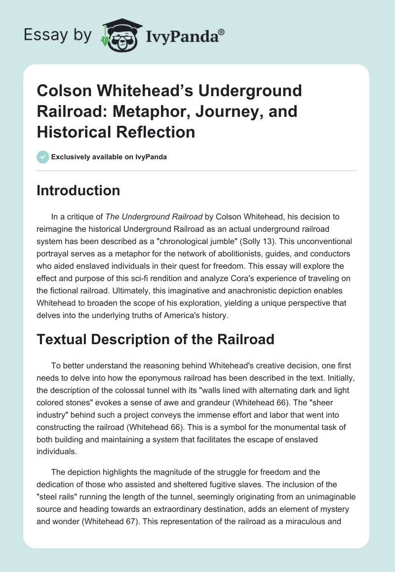 Colson Whitehead’s Underground Railroad: Metaphor, Journey, and Historical Reflection. Page 1