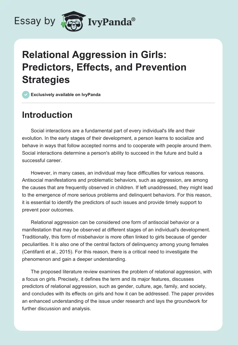 Relational Aggression in Girls: Predictors, Effects, and Prevention Strategies. Page 1