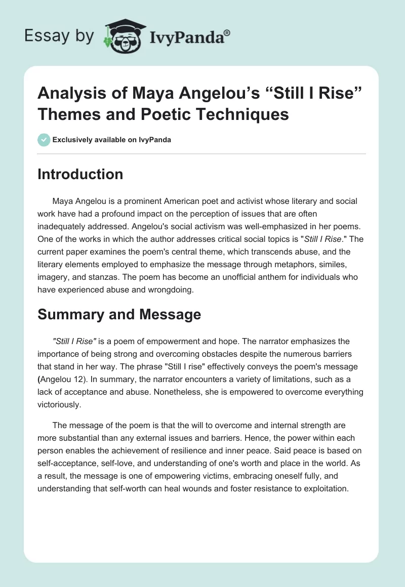 Analysis of Maya Angelou’s “Still I Rise” Themes and Poetic Techniques. Page 1