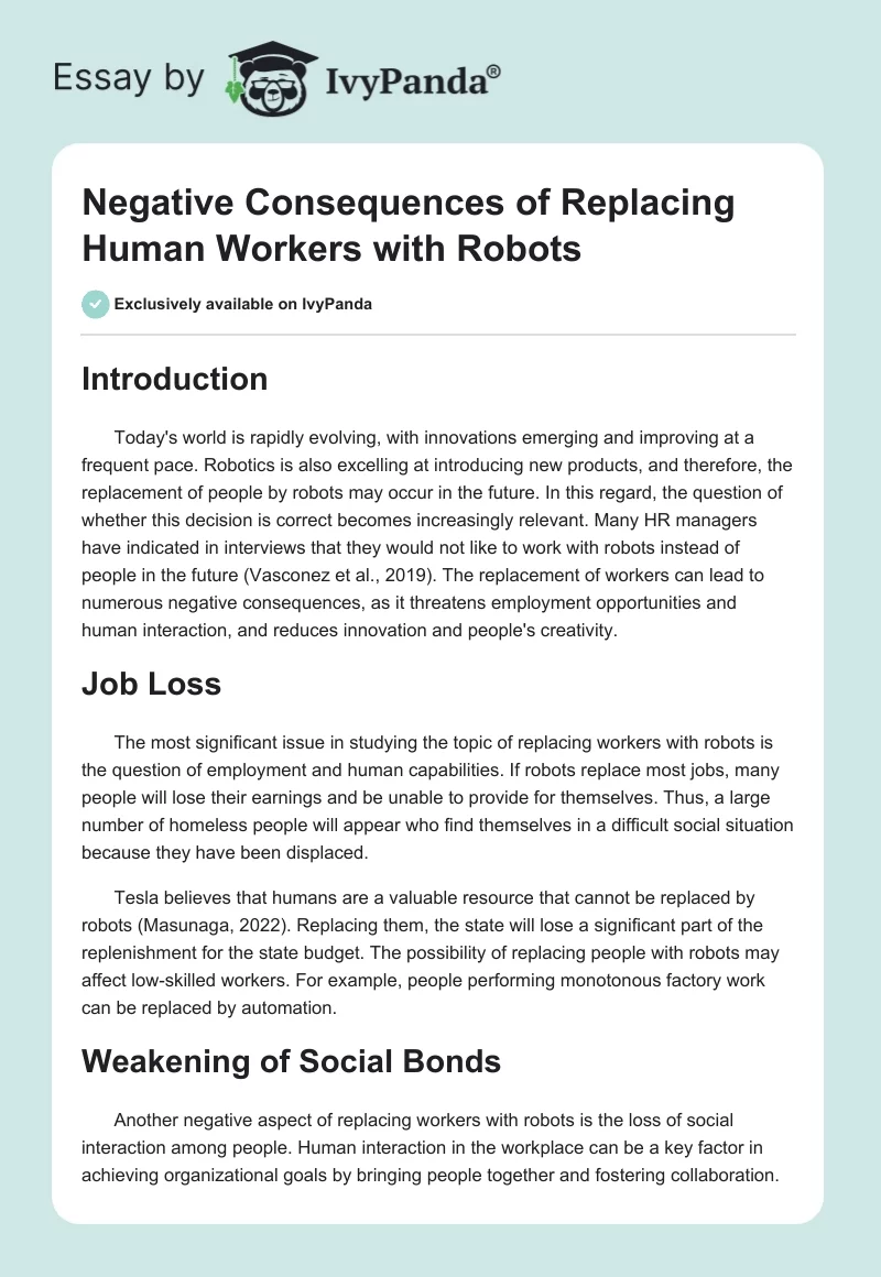 Negative Consequences of Replacing Human Workers with Robots. Page 1