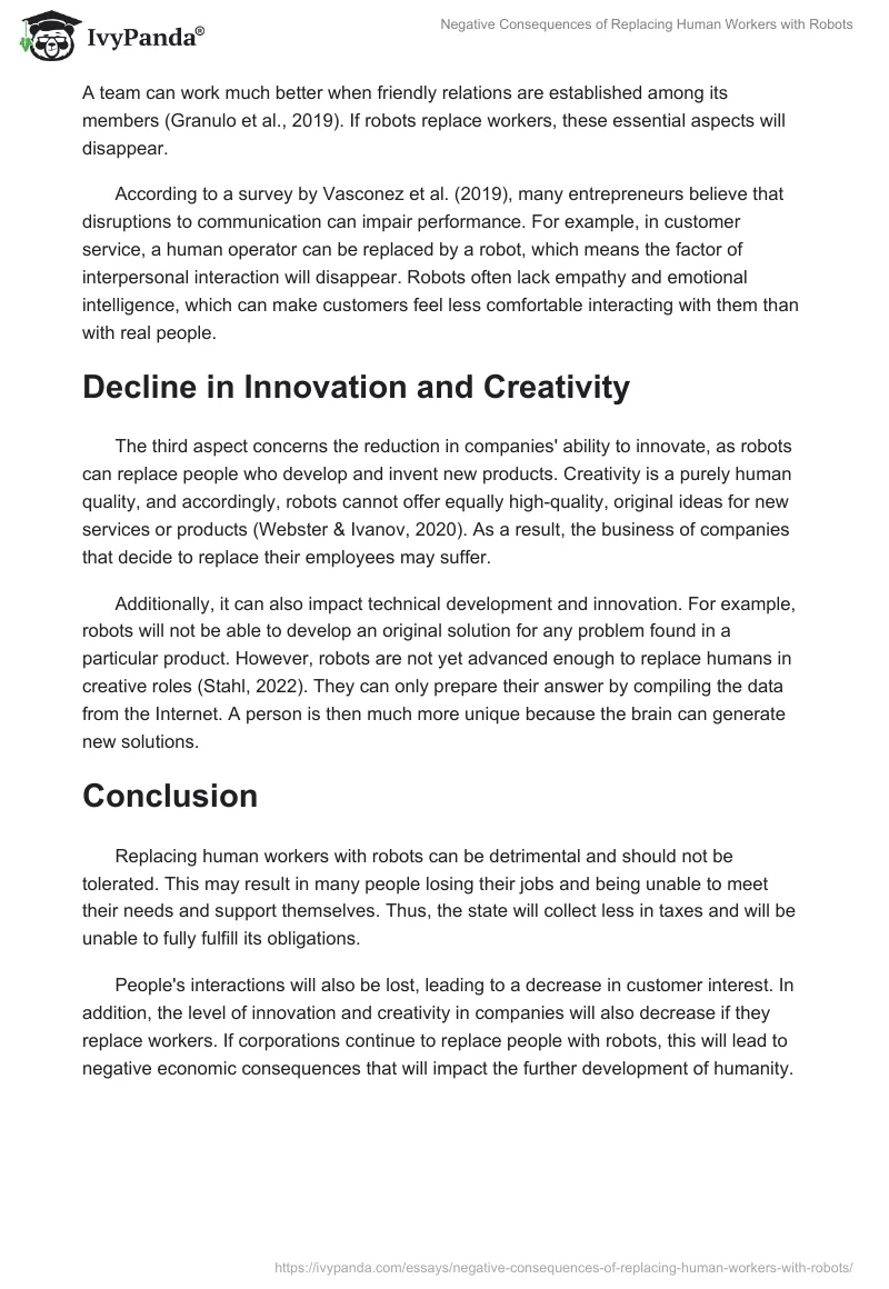Negative Consequences of Replacing Human Workers with Robots. Page 2
