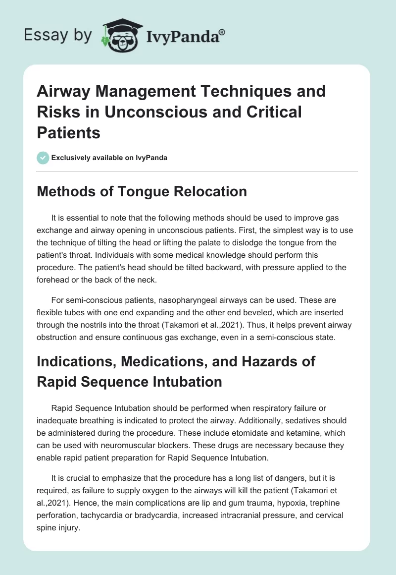 Airway Management Techniques and Risks in Unconscious and Critical Patients. Page 1