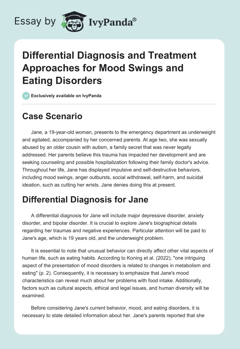 Differential Diagnosis and Treatment Approaches for Mood Swings and Eating Disorders. Page 1