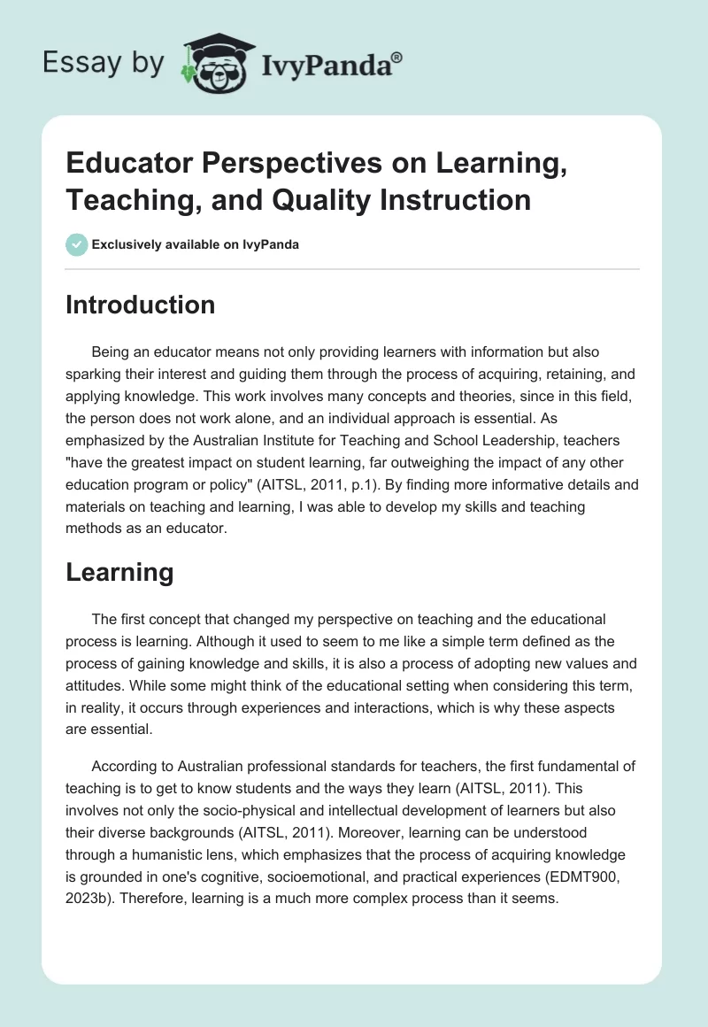 Educator Perspectives on Learning, Teaching, and Quality Instruction. Page 1