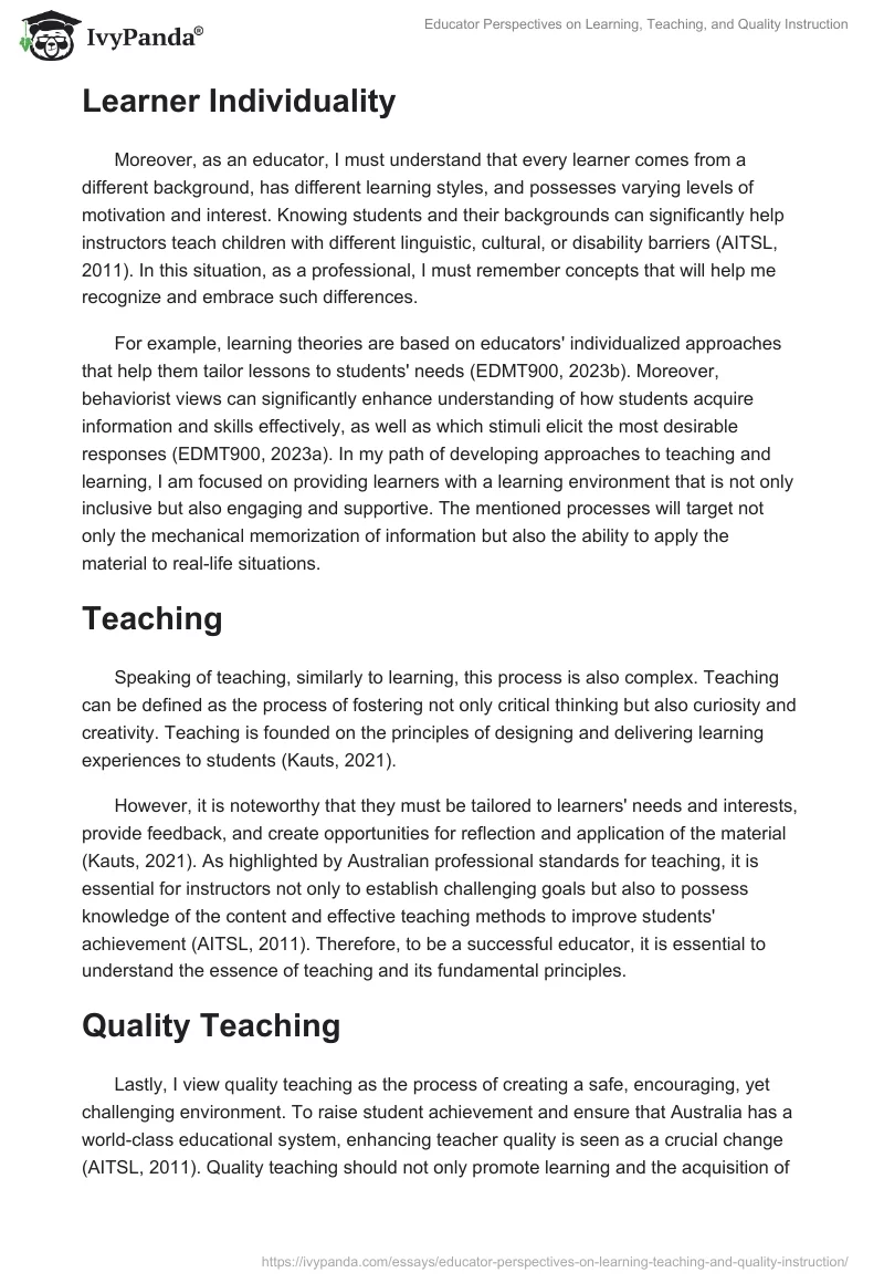 Educator Perspectives on Learning, Teaching, and Quality Instruction. Page 2