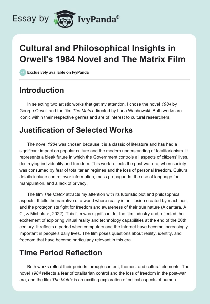 Cultural and Philosophical Insights in Orwell's 1984 Novel and The Matrix Film. Page 1