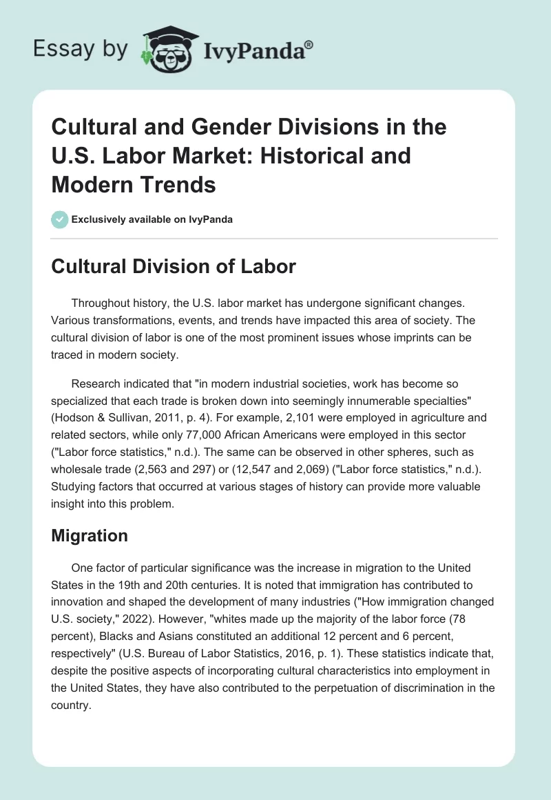 Cultural and Gender Divisions in the U.S. Labor Market: Historical and Modern Trends. Page 1