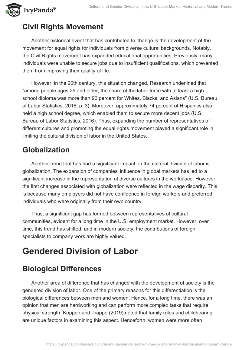 Cultural and Gender Divisions in the U.S. Labor Market: Historical and Modern Trends. Page 2