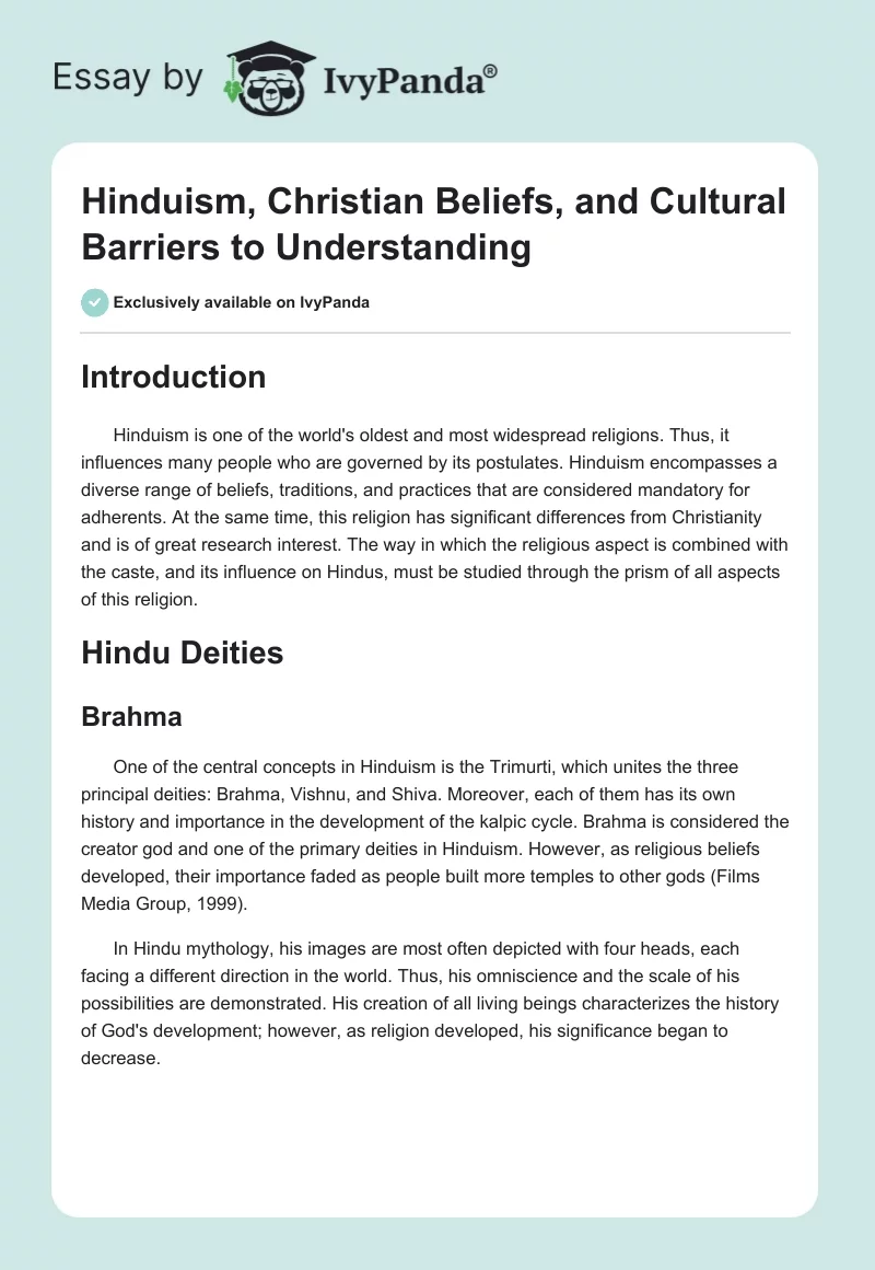 Hinduism, Christian Beliefs, and Cultural Barriers to Understanding. Page 1