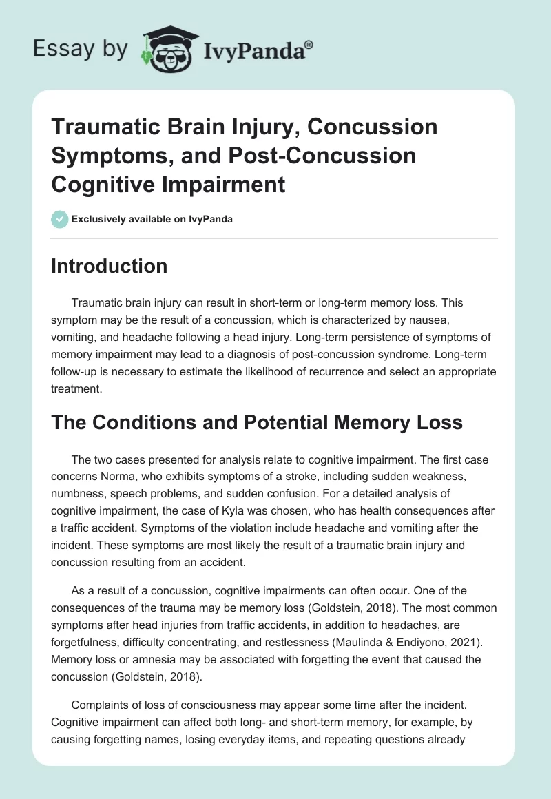 Traumatic Brain Injury, Concussion Symptoms, and Post-Concussion Cognitive Impairment. Page 1