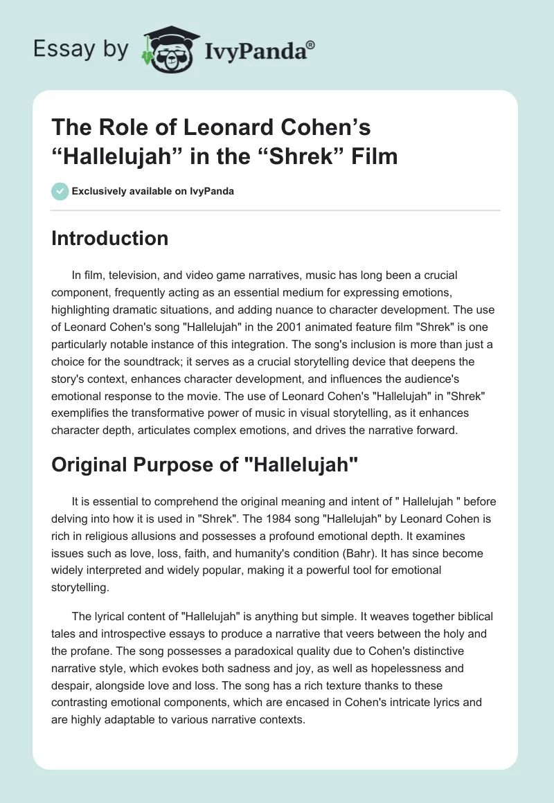 The Role of Leonard Cohen’s “Hallelujah” in the “Shrek” Film. Page 1