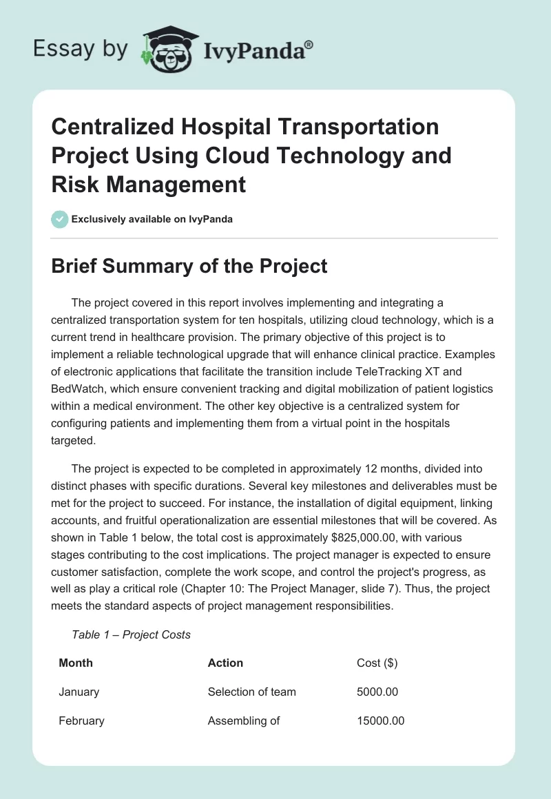 Centralized Hospital Transportation Project Using Cloud Technology and Risk Management. Page 1