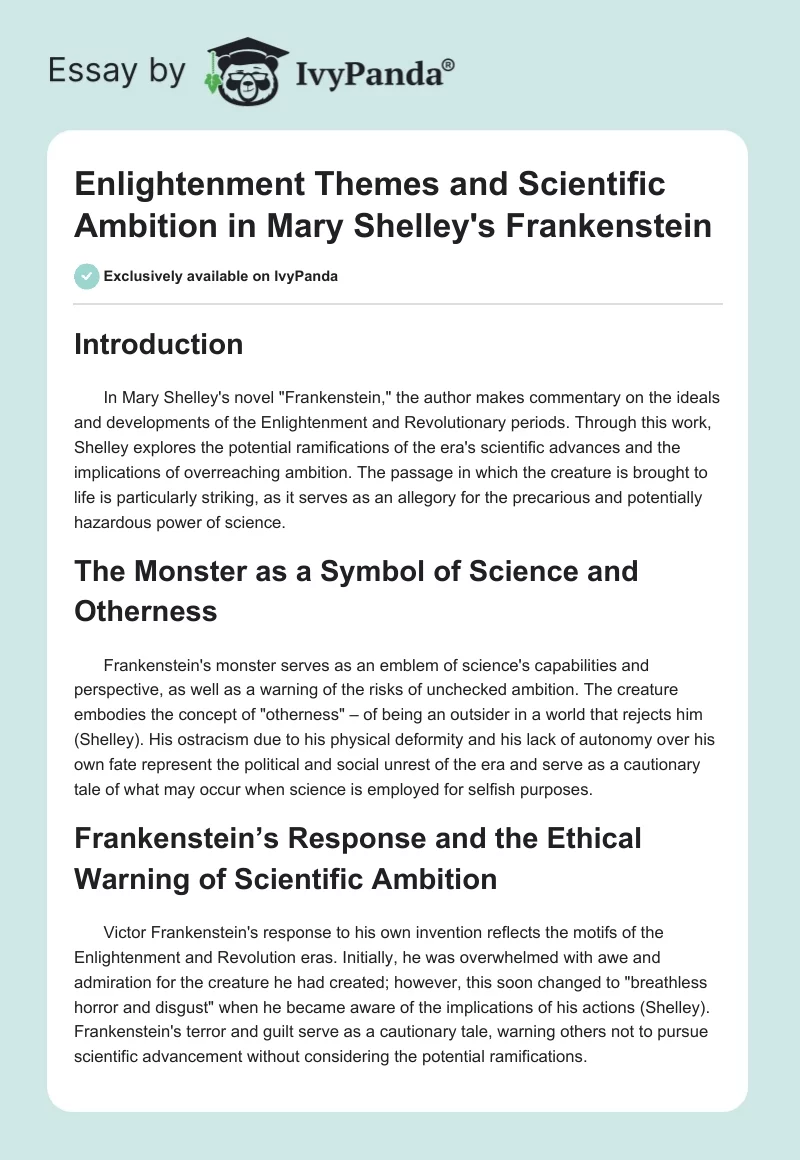 Enlightenment Themes and Scientific Ambition in Mary Shelley's "Frankenstein". Page 1