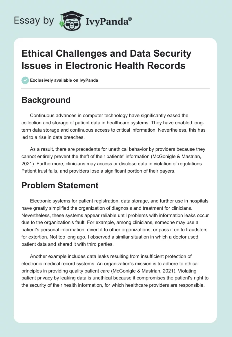 Ethical Challenges and Data Security Issues in Electronic Health Records. Page 1