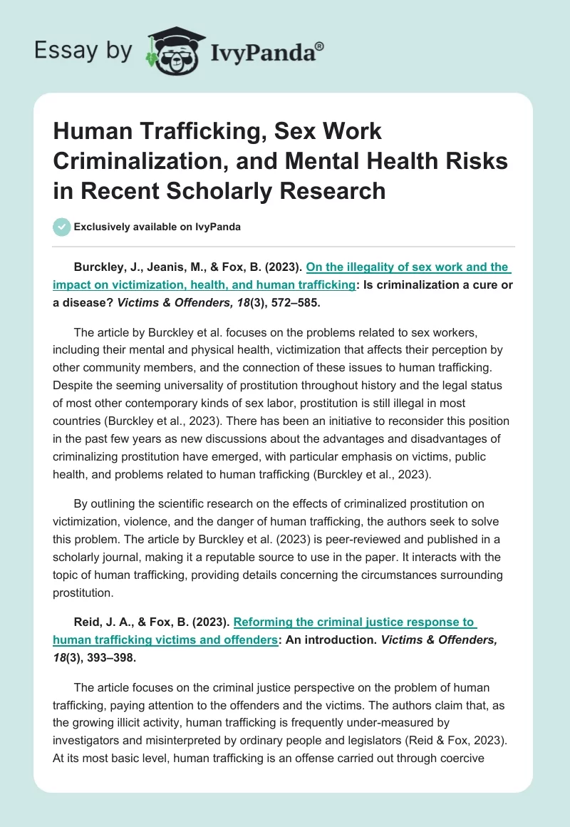 Human Trafficking, Sex Work Criminalization, and Mental Health Risks in Recent Scholarly Research. Page 1