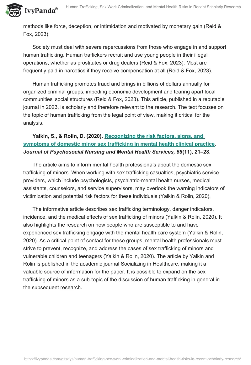 Human Trafficking, Sex Work Criminalization, and Mental Health Risks in Recent Scholarly Research. Page 2