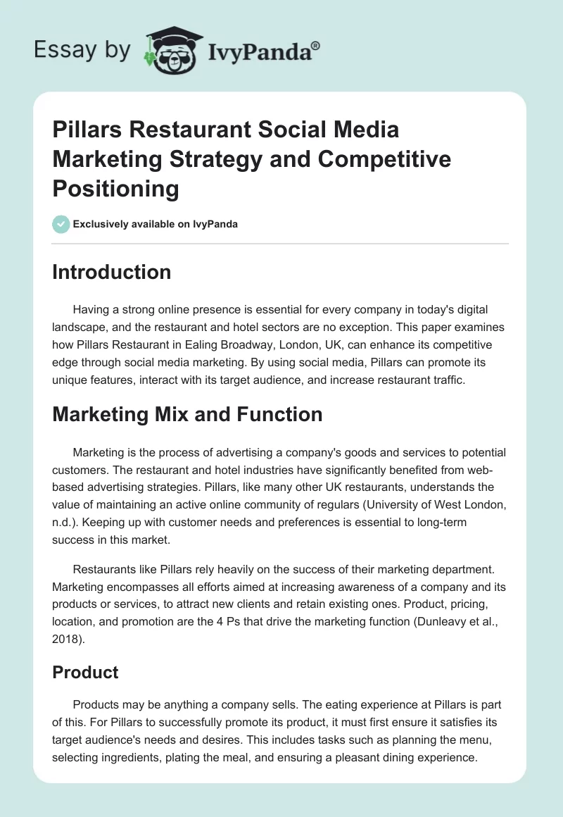 Pillars Restaurant Social Media Marketing Strategy and Competitive Positioning. Page 1