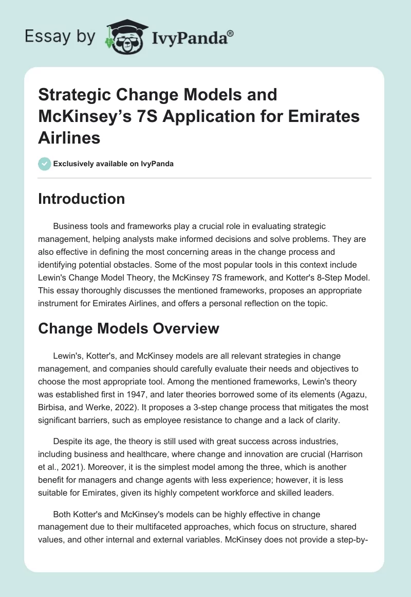 Strategic Change Models and McKinsey’s 7S Application for Emirates Airlines. Page 1