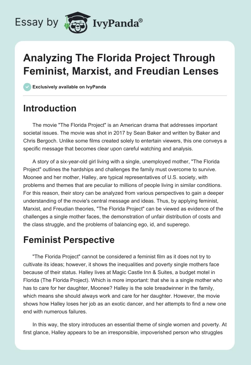 Analyzing "The Florida Project" Through Feminist, Marxist, and Freudian Lenses. Page 1