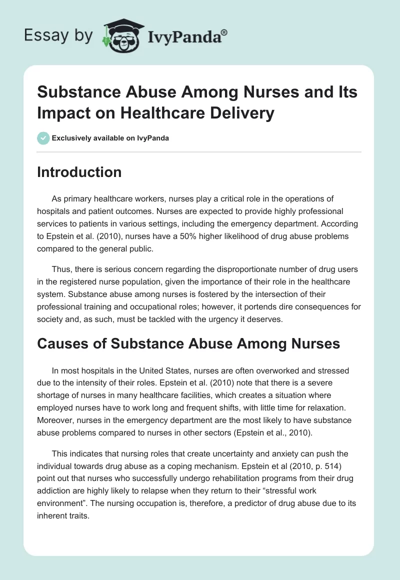 Substance Abuse Among Nurses and Its Impact on Healthcare Delivery. Page 1