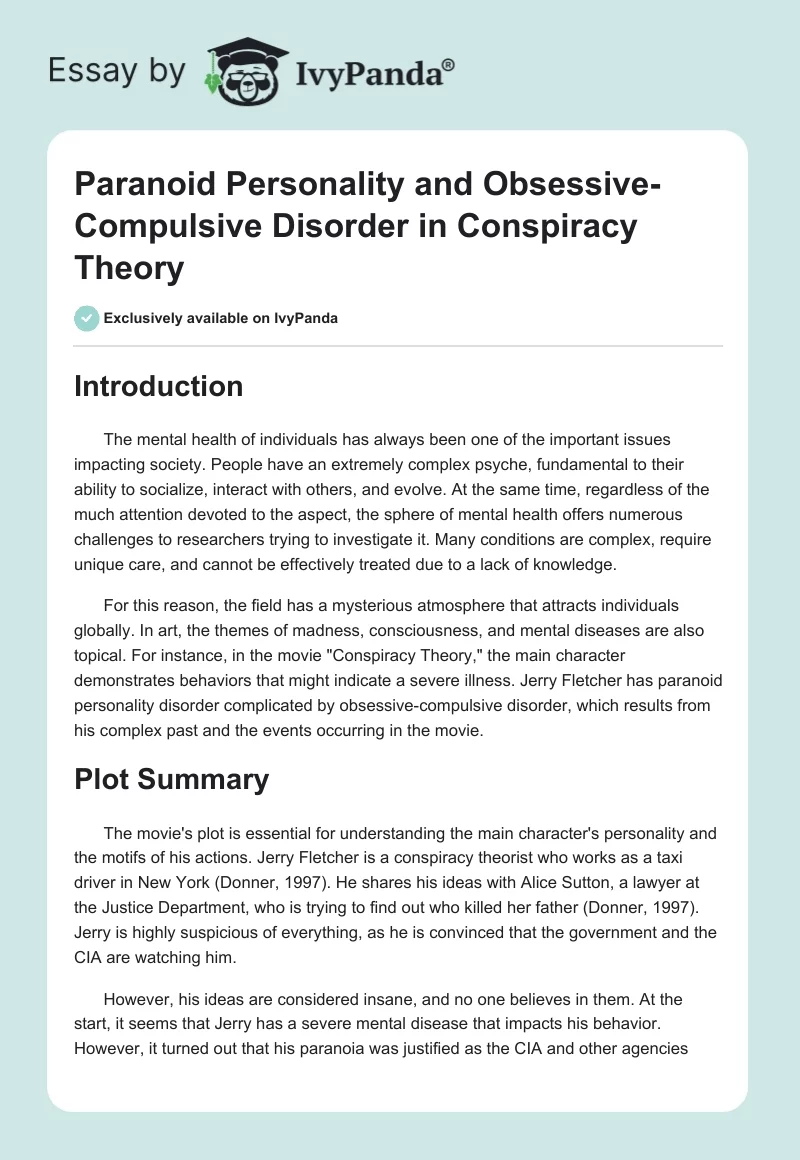 Paranoid Personality and Obsessive-Compulsive Disorder in "Conspiracy Theory". Page 1